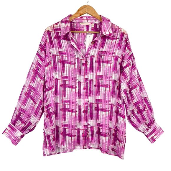 NEW Soft Surroundings M Absent Magenta Pink Metallic Sheer Button Porta Shirt - Picture 2 of 13
